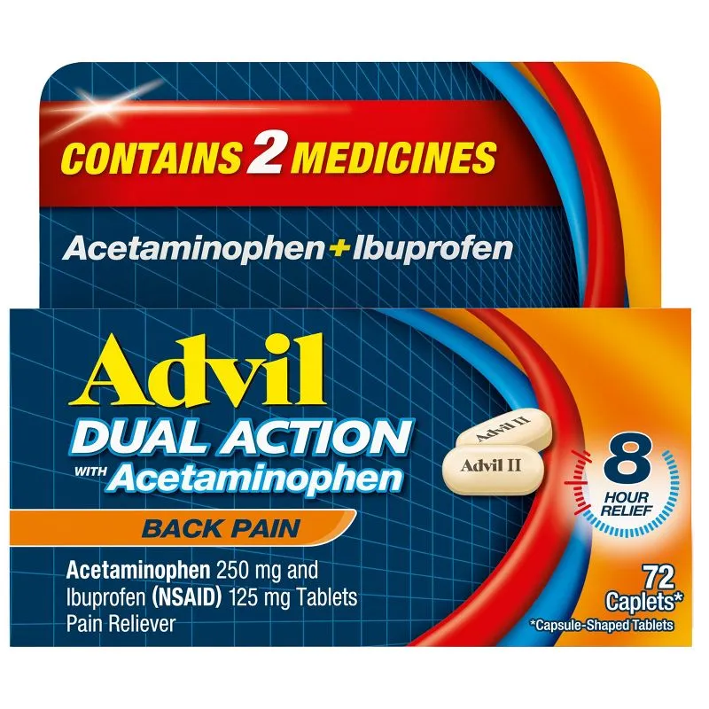 Advil Ibuprofen Dual Action NSAID Back Pain Reliever Caplet - 72ct: With Acetaminophen 250mg, Original Flavor