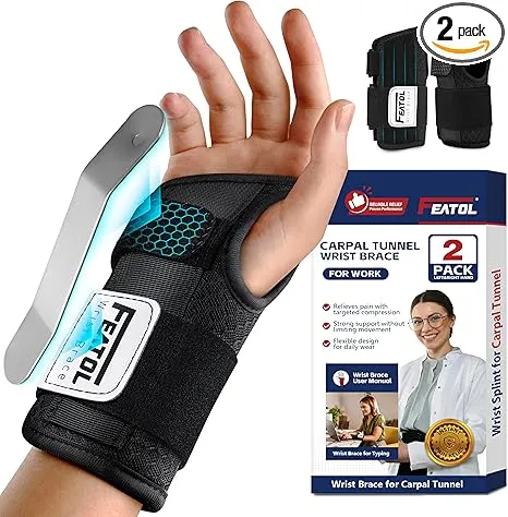 FEATOL 2 Pack Carpal Tunnel Wrist Brace For Work With Wrist Splint, 6.5'' Wrist Brace Night Support For Women Men, Pain Relief For Tendonitis, Arthritis, Pregnancy, Typing, Right and Left Hand, Medium