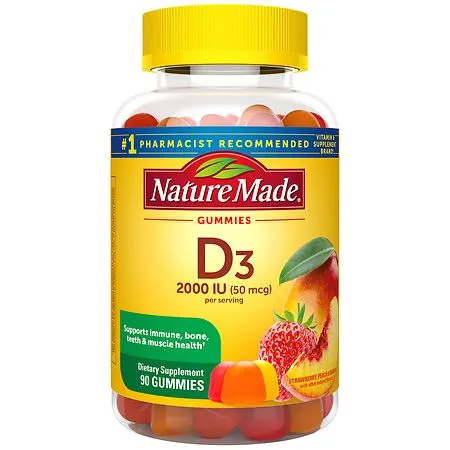 Nature Made Vitamin D3 2000 IU (50 mcg) Per Serving Gummies Strawberry, Peach & Mango, 90.0 ea